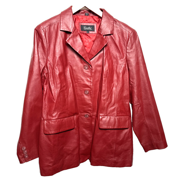 Vintage Dark Red Leather Jacket Women's XL Y2K Menswear Classic Flap Pockets EUC - Picture 1 of 10